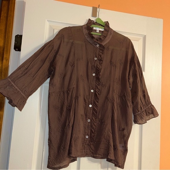 Kyla Seo Cotton Semi Sheer Embroidered Button Down Blouse - Picture 1 of 12